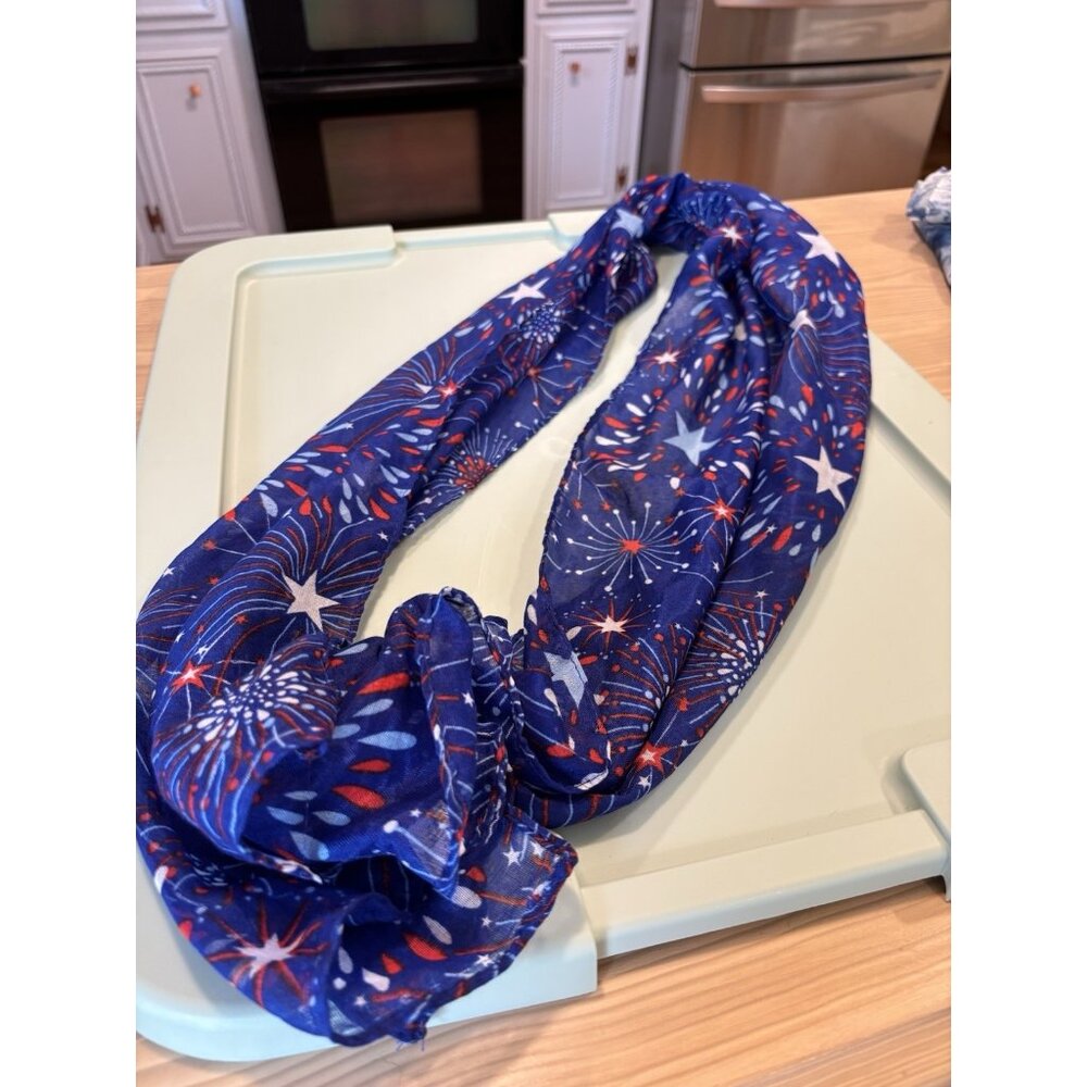 Red White Blue Scarf Lightweight Star Firework USA Celebrate Holiday Summer Fun